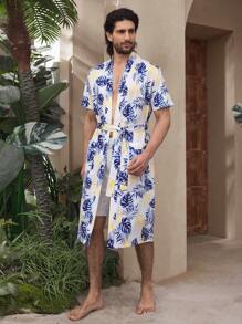 Manfinity ChillVibe Men's Tropical Print Short Sleeve Robe Lounge Wear - Multicolor - View 9
