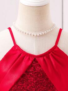 SHEIN Young Girl Sequin Trim Cape Halter Neck Party Dress - Burgundy - View 3