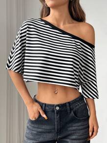 SHEIN EZwear Women's Asymmetrical Neck Striped Casual Elegant Charming Loose Fit T-Shirt