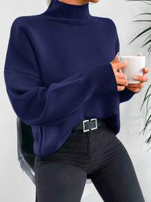 EURMUSE Mock Neck Drop Shoulder Sweater - Navy Blue - View 5