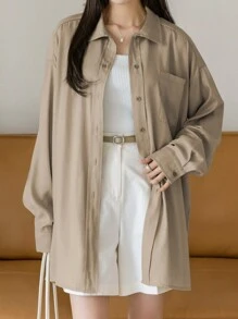 DAZY Solid Color Polo Collar Business Casual Shirt, Suitable For Autumn - Khaki - View 3