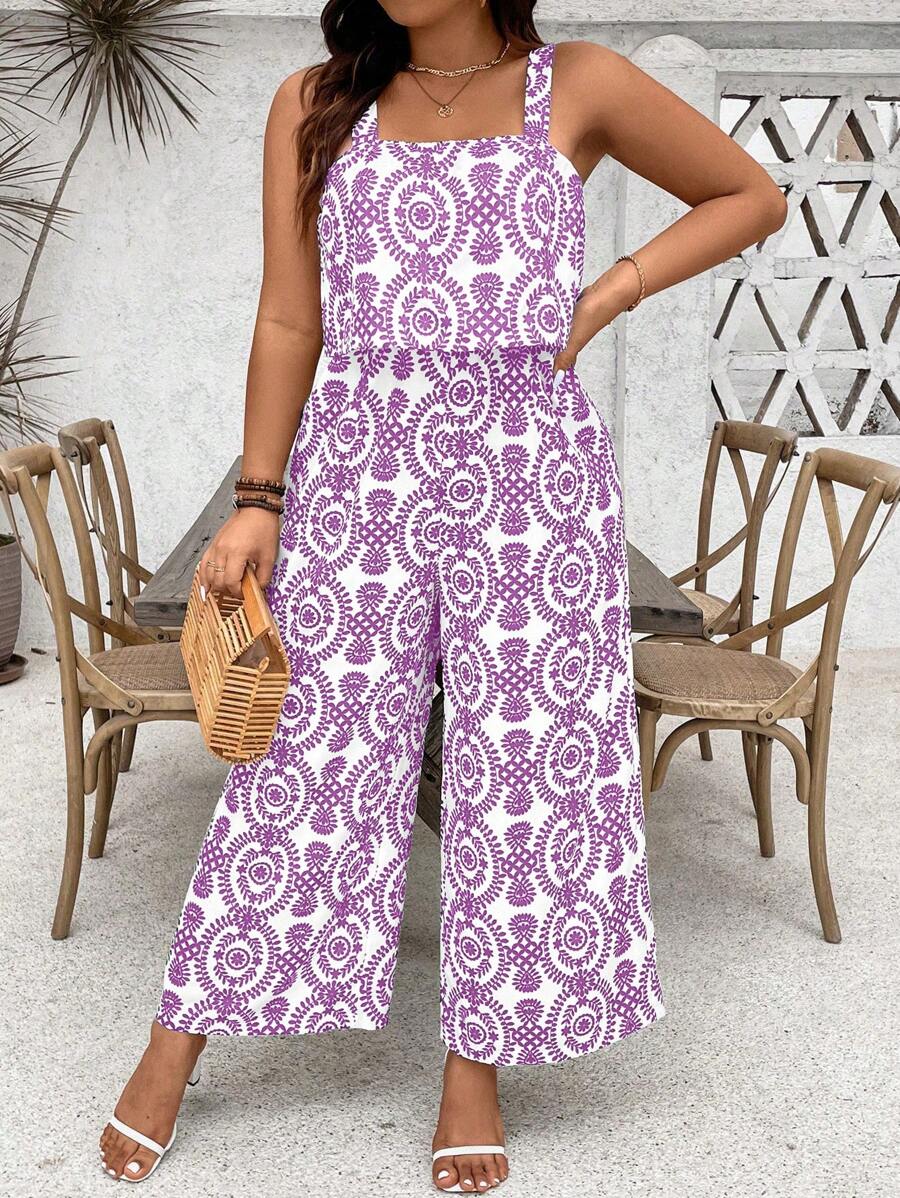 SHEIN Clasi Plus Size In toàn bộ áo liền quần không tay mùa hè có dây đeo rộng - Màu tím - Xem 1