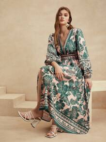 Anewsta Women's Casual Holiday Green Floral Puff Sleeve Dress - Green - View 3