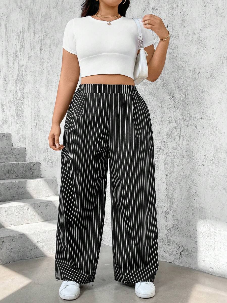 SHEIN Essnce Plus Size Women's Black & White Striped Loose Casual Pants With Pockets