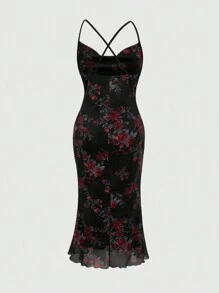 ROMWE Fairycore Vestido de talla grande con estampado floral todo sobre con cuello drapeado, para Año Nuevo
