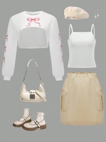 SHEIN Explorewe 3 pezzi Set di maglietta a maniche lunghe e gonna con stampa farfalla casual per ragazze adolescenti, adatto per scuola, spostamenti e occasioni di svago - Cachi - Visualizzare 1