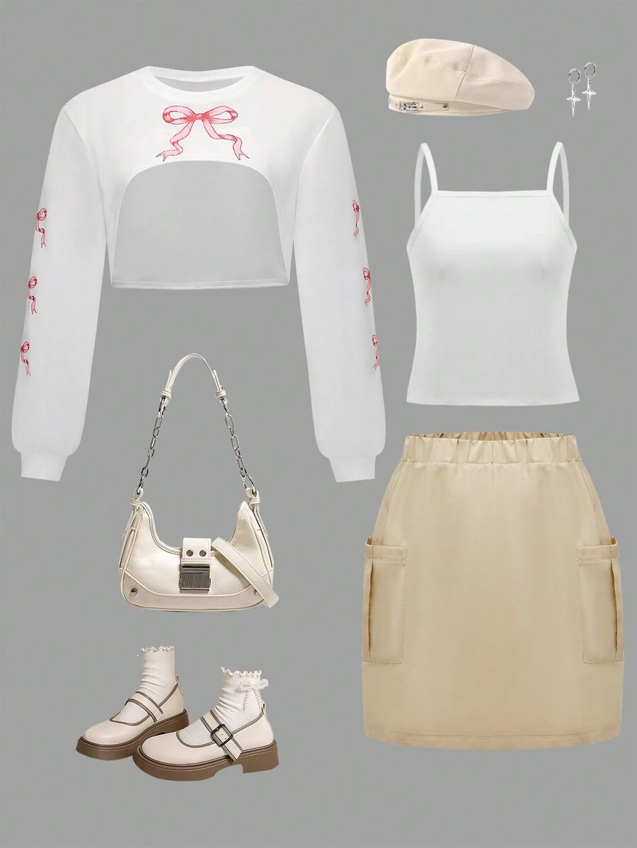 SHEIN Explorewe 3 pezzi Set di maglietta a maniche lunghe e gonna con stampa farfalla casual per ragazze adolescenti, adatto per scuola, spostamenti e occasioni di svago - Cachi - Visualizzare 1