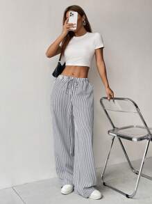 SHEIN PETITE 休闲日常女装春夏长裤 - 黑色 - 查看 7