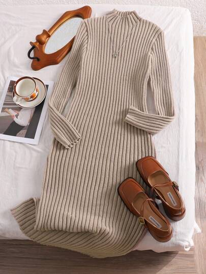 SHEIN Essnce Plus Size Stand Collar Fitted Comfortable Warm Elastic Sweater Dress, For Winter Fall