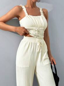 Textured Fabric Cami Top & High Waist Wide Leg Side Pocket Pant Summer Two Piece Outfit