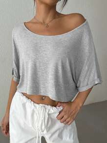 SHEIN EZwear Women Oversized Loose Fit Knitted One Shoulder Crew Neck T-Shirt, Grey