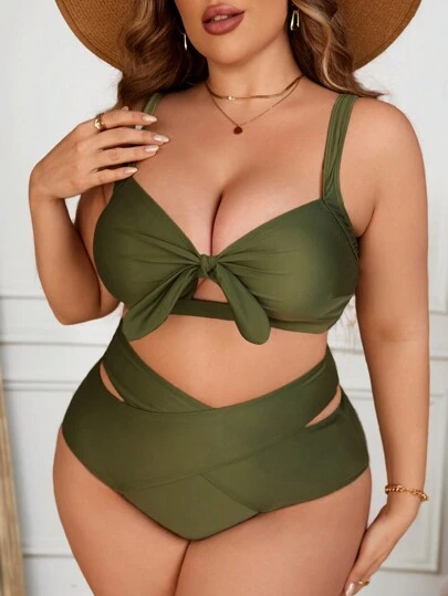 Swim Chiccia 夏季海滩女士加大码纯色前系带镂空比基尼套装