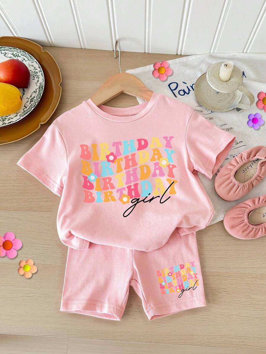SHEIN Bộ 2 chiếc áo và quần short in chữ 'Birthday Girl' cho bé gái mùa hè - Hồng - Xem 1