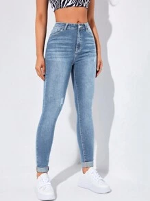 Flexra High-Waisted Button-Embellished Skinny Stretch Distressed Y2K Jeans - Baby Blue - View 6