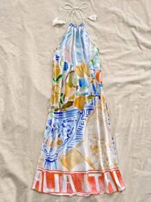 Soleia 女士节日风格趣味水果风景图案印花挂脖领结波西米亚音乐节 A 字形侧开衩初秋毕业季返校可爱午餐休闲连衣裙 - 彩色 - 查看 2