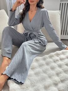 2 件套提花纯色系带衬衫和直腿裤家居服套装 - 灰色 - 查看 1