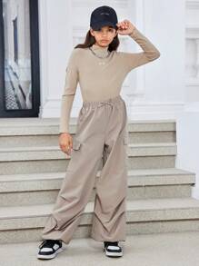 SHEIN Completo per ragazze pre-adolescenti con top a manica lunga a collo alto in maglia a tinta unita e pantaloni larghi, casual sportivo