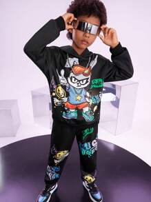 2pcs/Set Tween Boys Graffiti Printed Hoodie And Sweatpants Set - Multicolor - View 1
