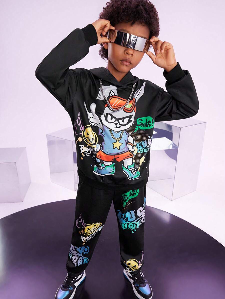 2pcs/Set Tween Boys Graffiti Printed Hoodie And Sweatpants Set - Multicolor - View 1
