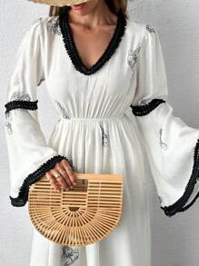 SHEIN Cottnline Embroidered Contrast Trim Vacation Dress - Beige - View 6