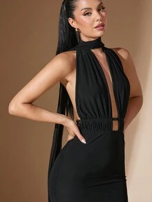 SHEIN BAE Women's Solid Color Deep V-Neck Backless Dress, Elegant Neck-Tie For Evening Party Event - Black - View 3