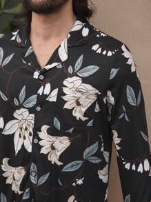 男士花卉印花长袖睡衣套装、睡衣 - 黑色 - 查看 7
