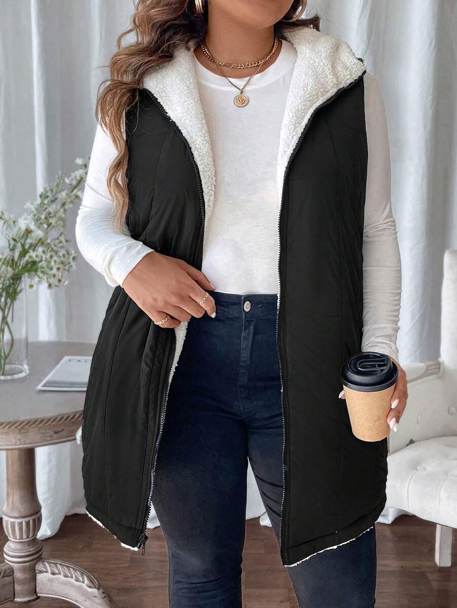 SHEIN LUNE Plus Size Women Reversible Zipper Front Hooded Sleeveless Padded Coat, Autumn/Winter - Multicolor - View 1