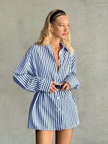 SHEIN EZwear Women's Striped Long Sleeve Button-Up Casual Leisure Fashionable Regular Jacket