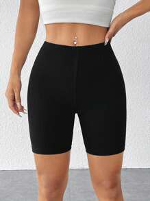 SHEIN PETITE Women's Solid Color Ribbed Short Leggings