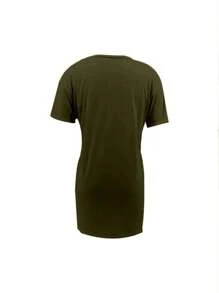 SHEIN Plus Size Casual Solid Color Side Slit Dress, Summer - Army Green - View 2