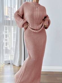 EURMUSE Women  Cable Knit Detailed Sweater & Skirts Set - Brown - View 4