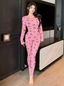 DAZY Butterfly Print Slim Fit Long Sleeve Pajama Set - Pink - View 8
