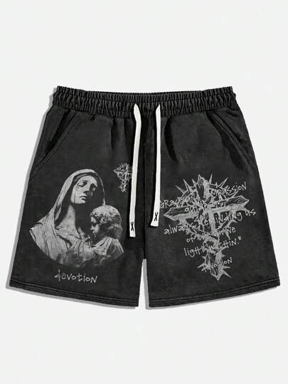 Street Life Men's Casual Vintage Washed Graphic & Cross Print Drawstring Waist Shorts, Summer, School