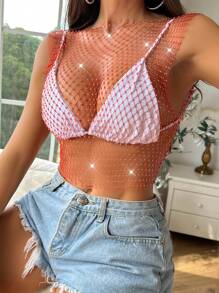 Zolique Débardeur en crochet transparent avec ornements de strass, sexy