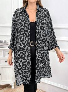 SHEIN Clasi Plus Size Chiffon Printed Open-Front Long Shirt Fall Women Clothes - Grey - View 5