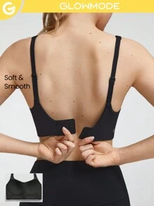 GLOWMODE Wide Shoulder Straps Sports Bra Adjustable  Scoop Neck One Piece Padding Light Support Low Impact Yoga Studio Gym Daily - Black - View 1