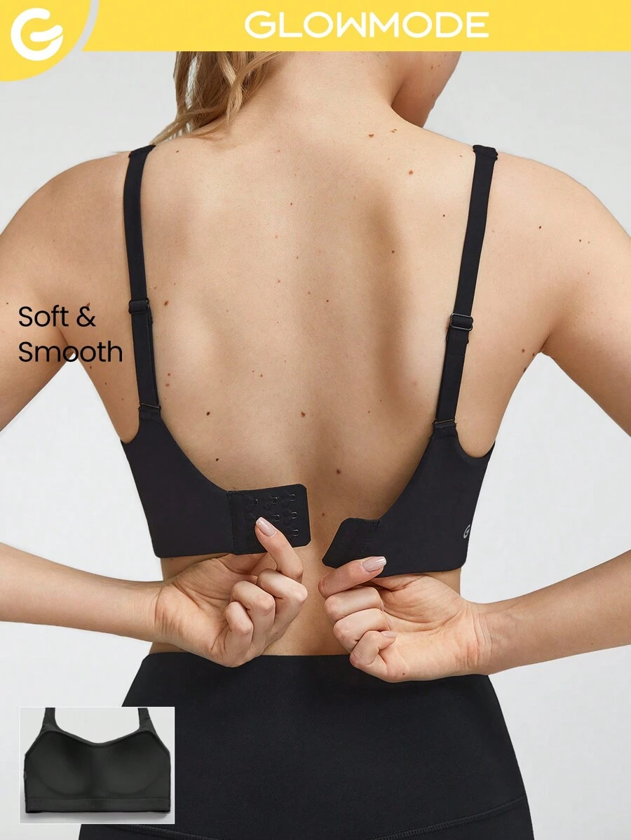 GLOWMODE Wide Shoulder Straps Sports Bra Adjustable  Scoop Neck One Piece Padding Light Support Low Impact Yoga Studio Gym Daily - Black - View 1