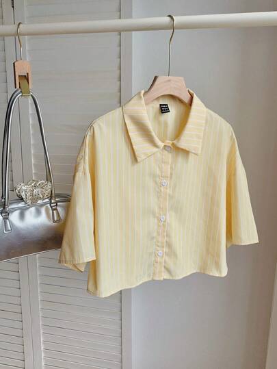 Comfortcana Summer Casual Yellow Striped Loose Cropped Shirt