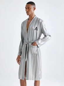Men's Letter Printed Long Sleeve Casual Loungewear Robe With Pockets - Baby Blue - View 4