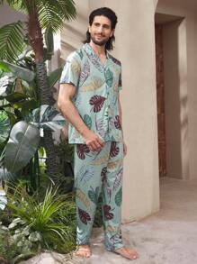 Men's Leaf Print Single-Breasted Short Sleeve Top And Pants Loungewear Set - Green - View 9