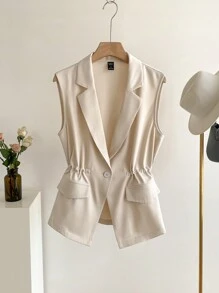 EMERY ROSE Women's Solid Color Single-Breasted Sleeveless Elegant Summer Blazer - Apricot - View 1