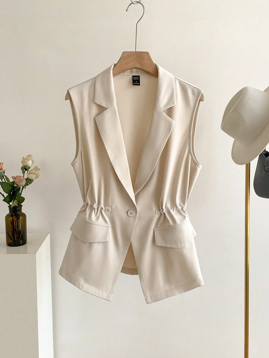 EMERY ROSE Women's Solid Color Single-Breasted Sleeveless Elegant Summer Blazer - Apricot - View 1