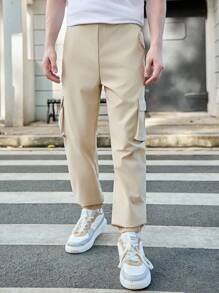 SHEIN Teen Boy's Casual Letter Printed Cargo Pants With Pockets - Apricot - View 5