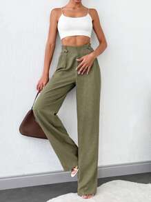 SHEIN Tall Tall Women Front Two Sided Button Detailed Linen Pants - Green - View 3