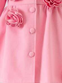 Girls Pink Flower Decorated Princess Coat With Beret, The Unique 3D Floral Design On The Coat Adds A Sweet And Elegant Touch, Perfect For Little Princesses Seeking A Refined Look. The Coat Comes With A Matching Beret In The Same Color Scheme, Creating A Cohesive And Fashionable Overall Look That Allows Kids To Showcase Their Style Even In The Cold Winter Season. Suitable For Casual Wear, Outdoor Activities, And Gatherings In The Fall And Winter. - Pink - View 3