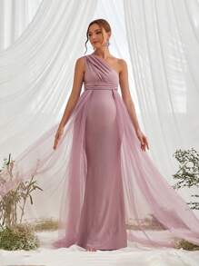 Faeriesty Dressalisa Luxury One-Shoulder Maternity Gown& Babyshower Dresseswith Asymmetrical Side Sash & Mermaid Train – Formal Baby Showers, Pregnancy Galas, Evening Receptions, Bridal Shower Celebrations, High-Fashion Photo Shoots