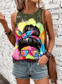 SHEIN LUNE Summer Casual Colorful Tie-Dye Printed Women's Tank Top Featuring Figure Print