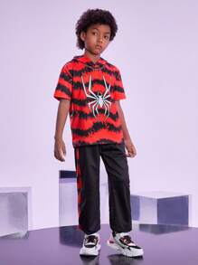 SHEIN Tween男孩蜘蛛印花連帽T恤和字母圖形運動長褲 - 紅色 - 查看 5