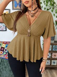 Flirla Kaos Ukuran Besar Leher V Lengan Ruffle Hem Pendek - Coklat - View 3