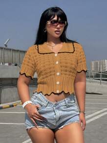 Flirla Plus Size Fashion High-End Design Polo Collar Hollow-Out Knit Top - Rust Brown - View 1